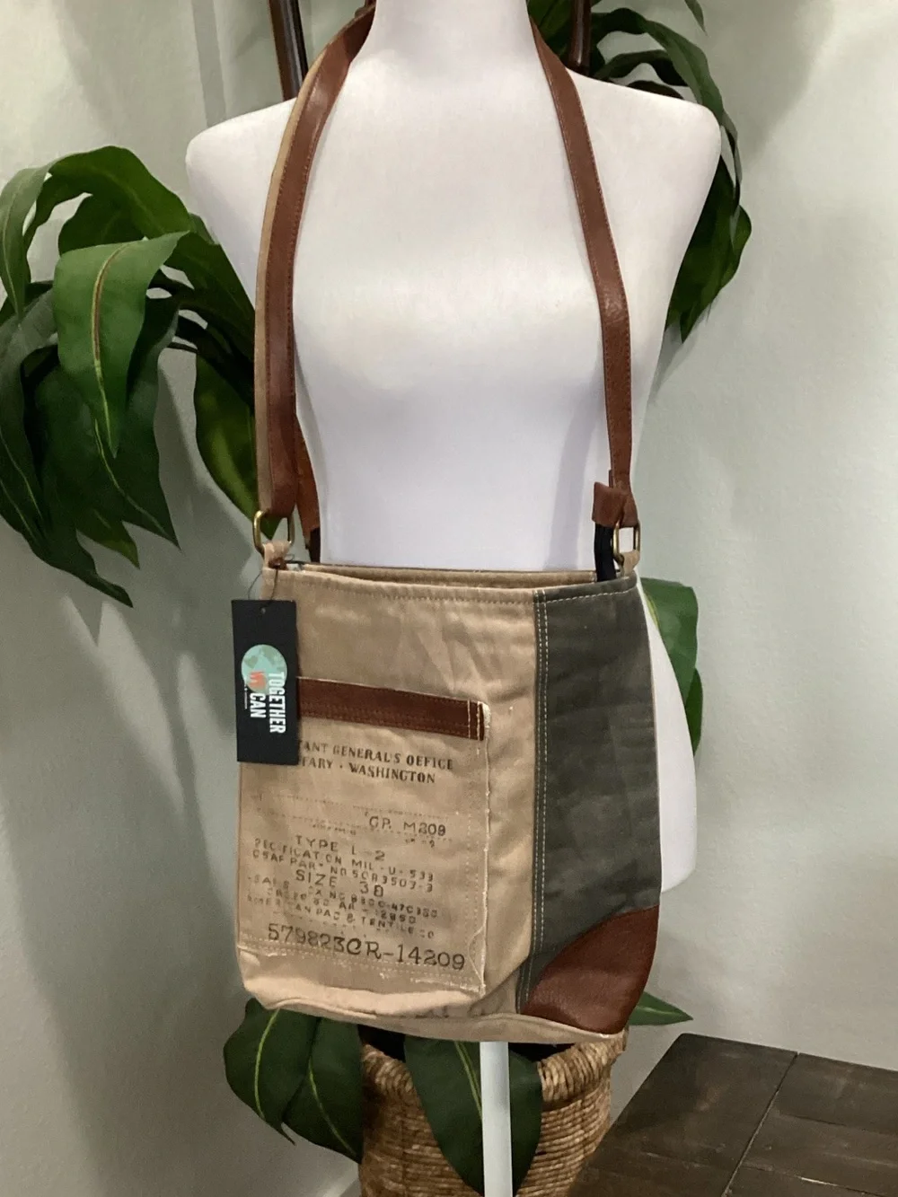 Reclaimed Canvas‎ Crossbody Bag with Brown Leather Trim